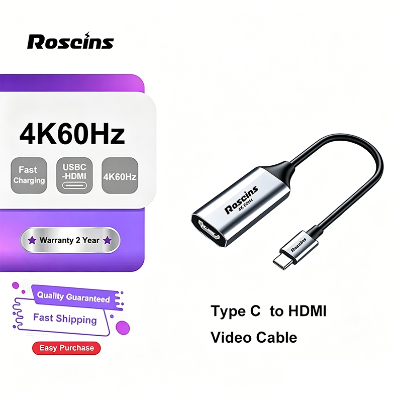 Roscins สาย USB-C to HDMI Type C เป็น HDMI 4K 60Hz USB C อะแดปเตอร์ HDMI สํา แปลงออกจอทีวี โน้ตบุ๊ก มือถือ แท็บเล็ต