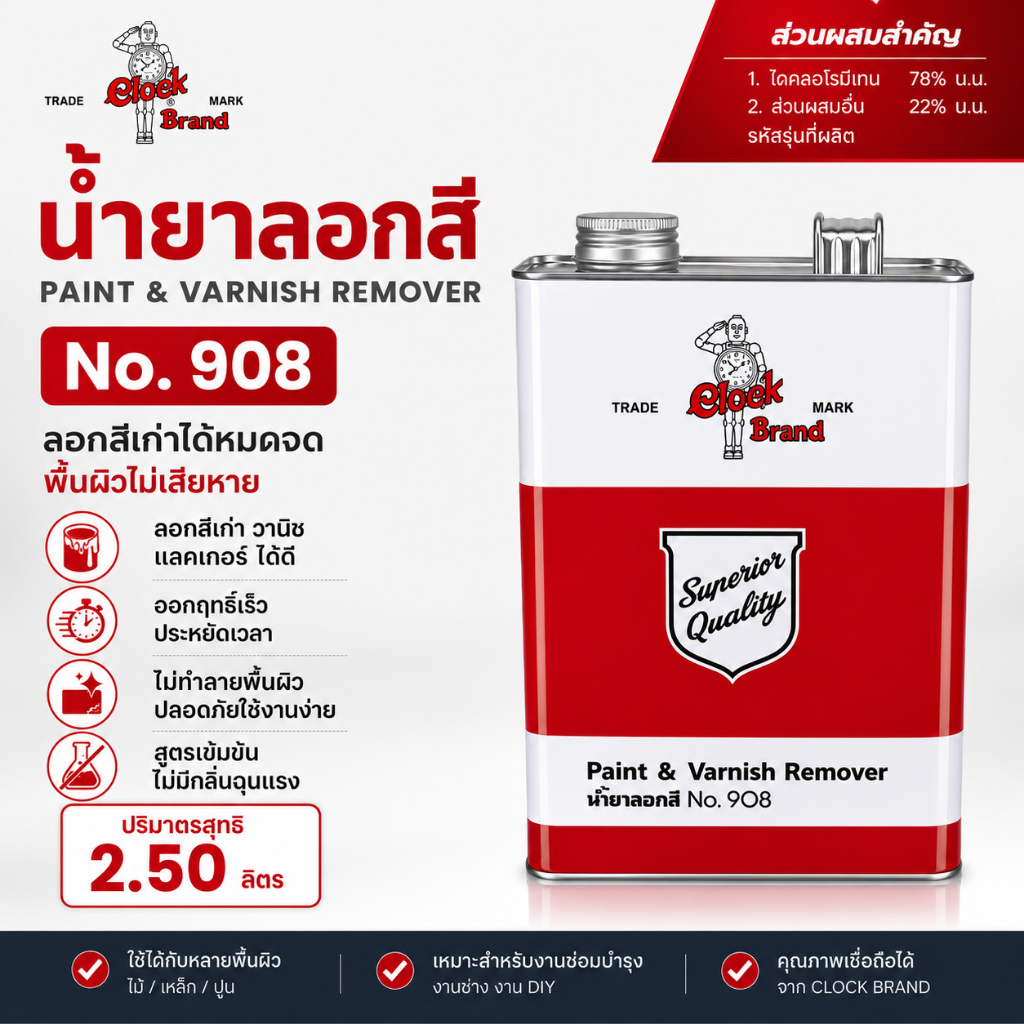 น้ำยาลอกสี Clock Brand No.908 2.50 ลิตร น้ำยาลอกสีเก่า ลอกแล็กเกอร์ ลอกวานิช สูตรเข้มข้น ลอกสีรถ สีไ