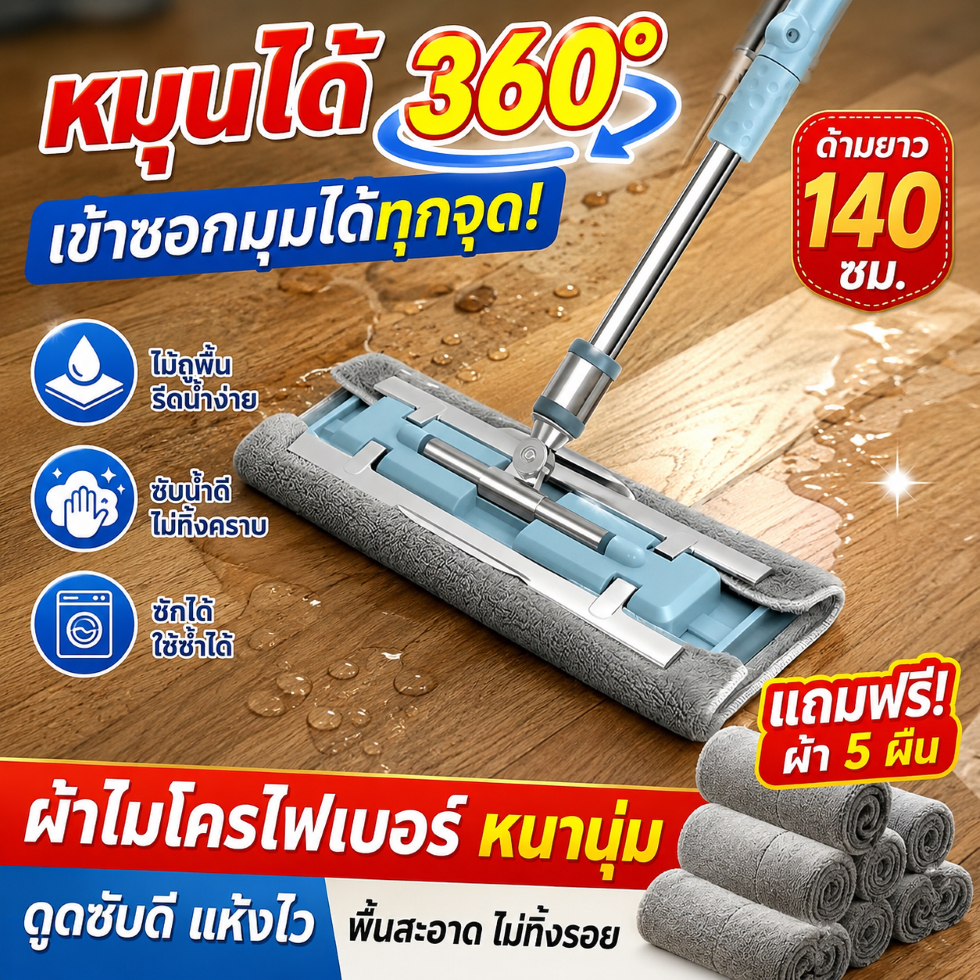 ไม้ถูพื้นรีดน้ำแบบแบน ไม้ถูพื้นพร้อมผ้า ซักผ้าม็อบมืออัตโนมัติ ไม้ถูพื้นอเนกประสงค์ หัวม็อบหมุนได้ 360 องศา ใช้งานง่าย