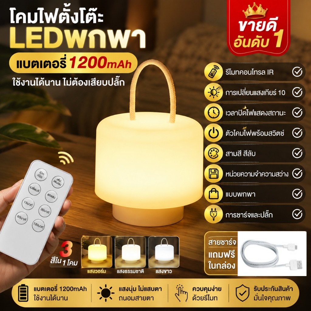 ไฟมินิมอล LED ไร้สาย มีรีโมท ปรับได้ 3 สี 10 ระดับ ไฟหัวเตียง ชาร์จ USB ตั้งเวลาปิดได้ แบตอึด 1200mAh ไฟแต่งห้องนอน โคมไ