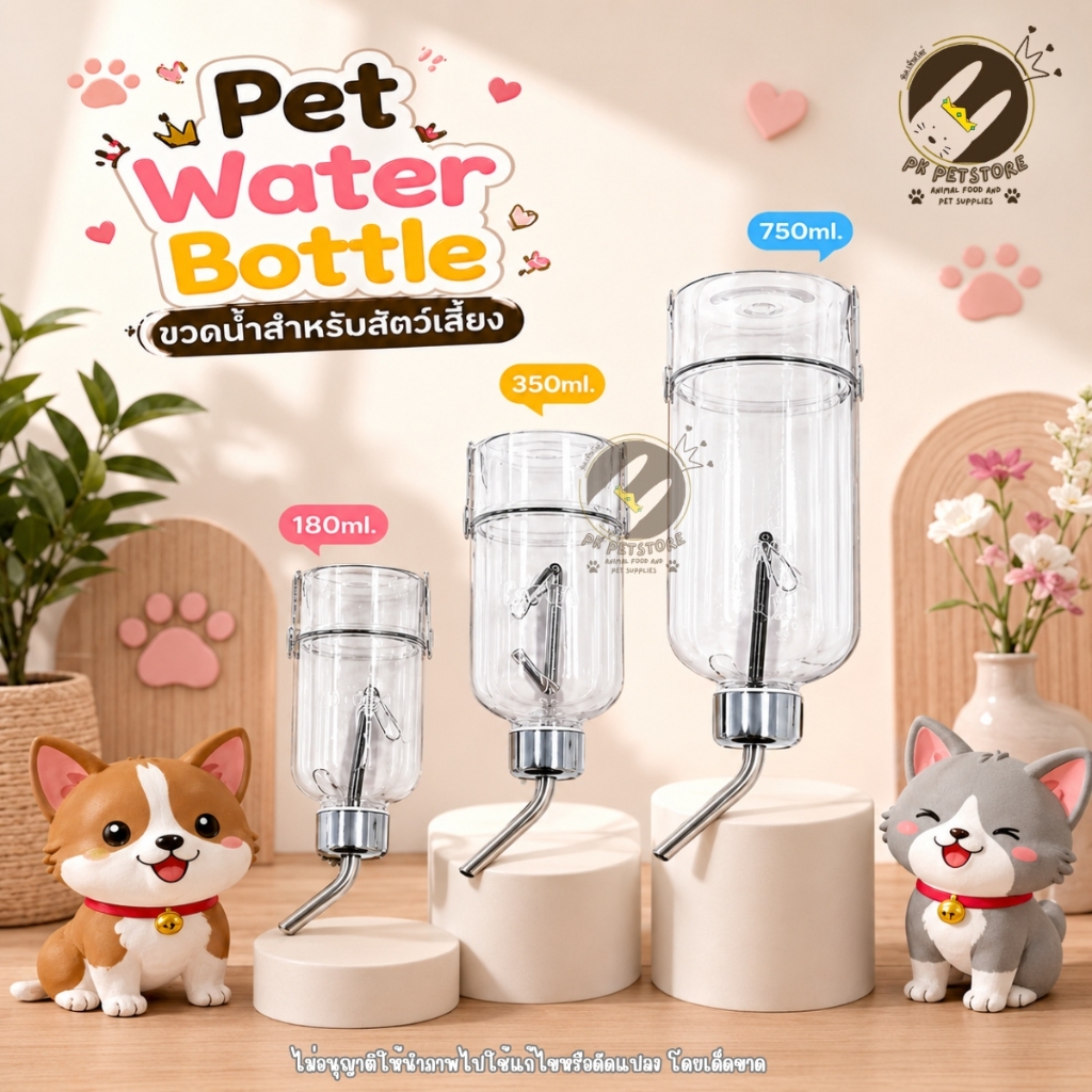 (ขวดใส) ขวดน้ำ หนูแฮมสเตอร์ กระต่าย สุนัข แมว ขวดน้ำติดกรง หัวจุกสแตนเลสพรีเมียม ถอดล้างง่าย ปลอดภัย มีตะขอแขวน มี3ขนาด