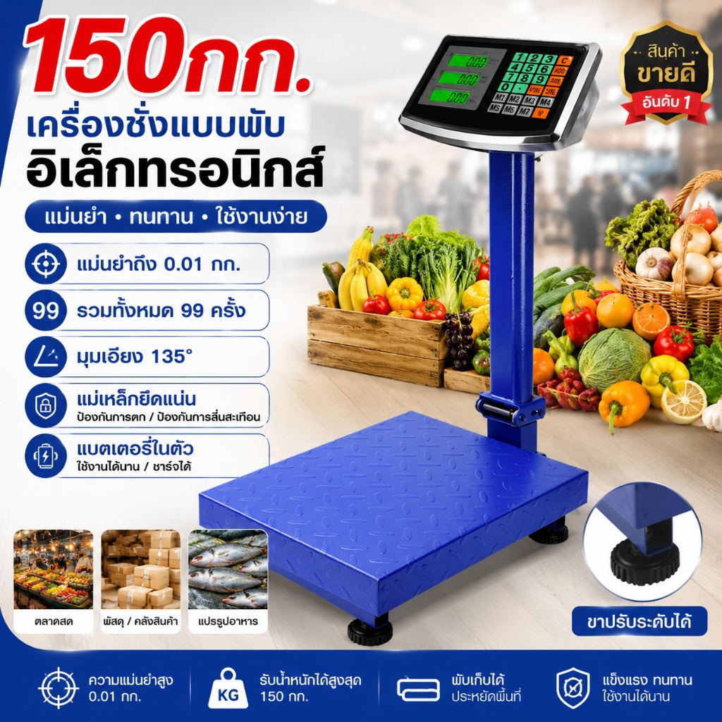 🔥เครื่องชั่งดิจิตอลตั้งพื้น 150kg เครื่องชั่งพัสดุ ชั่งแม่ค้า พับเก็บได้ จอLED มีแบตในตัว เครื่องชั่งน้ำหนัก มีประกัน