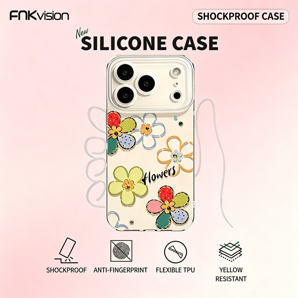 เคสซิลิโคน FNKVISION เหมาะกับ iPhone 17pro,15,16 Pro MAX, 17 Pro Max, 13, 14plus, 12mini, 11, 16, 17AIR ดอกไม้น่ารัก