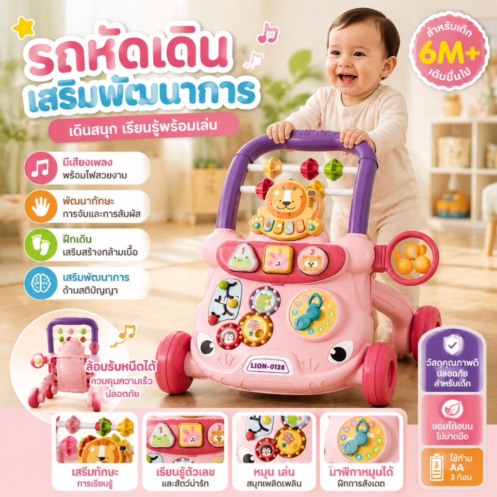 รถหัดเดินเด็กเล็ก กันล้ม ฐานกว้าง 41ซม. มีดนตรี ไฟ เสริมพัฒนาการ ปรับน้ำหนักได้ ใช้ได้ตั้งแต่ 6เดือน ของเล่นเด็กหัดเดิน
