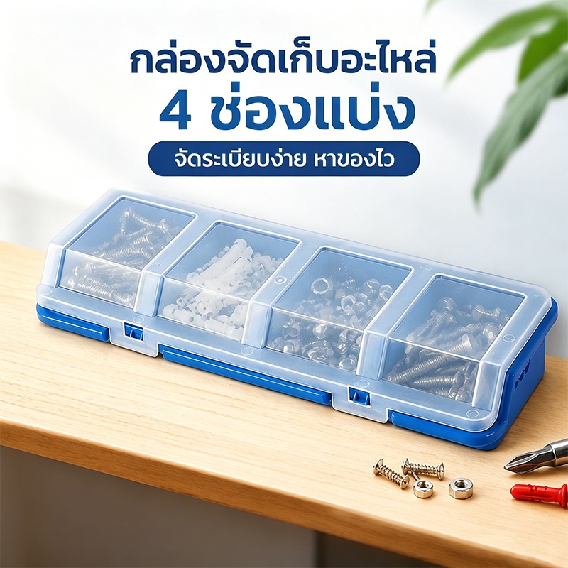 กล่องเก็บชิ้นส่วน สกรู น็อต กล่องใส่อุปกรณ์เครื่องช่าง ฮาร์ดแวร์พลาสติก แบบ4ช่อง สำหรับจัดเก็บ