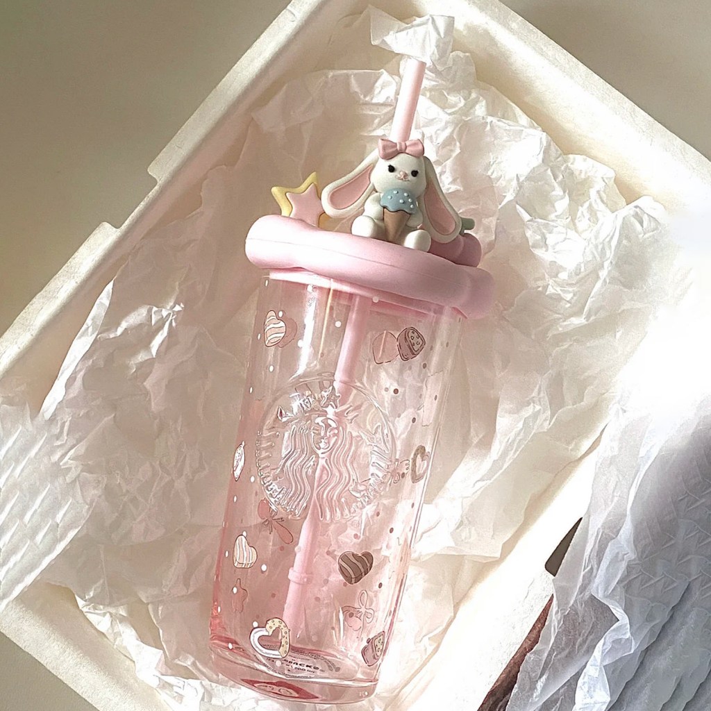 2026 starbucks rabbit cup 500ML pink kawaiiaesthetic-แก้วฟางใสที่มีฝาปิดน่ารักสร้างสรรค์ เครื่องดื่ม สําหรับโฮมออฟฟิศของ