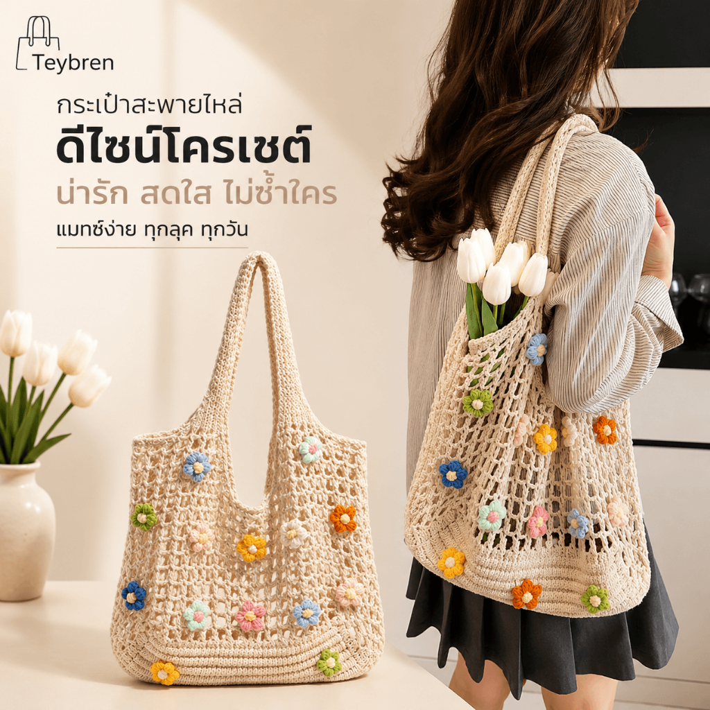 🔥กระเป๋าถักดอกไม้สไตล์เกาหลี กระเป๋าสะพายผู้หญิง Crochet Bag จุของได้เยอะ เหมาะสำหรับการเดินทาง-TN