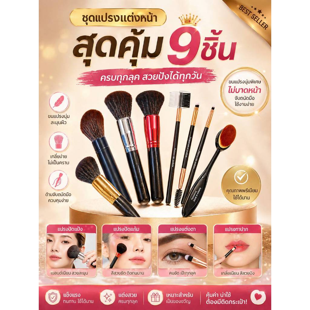 9 ชิ้น แปรงแต่งหน้า ชุดแปรงแต่งหน้า ยกเซ็ท หรือแยกชิ้น ราคาถูก