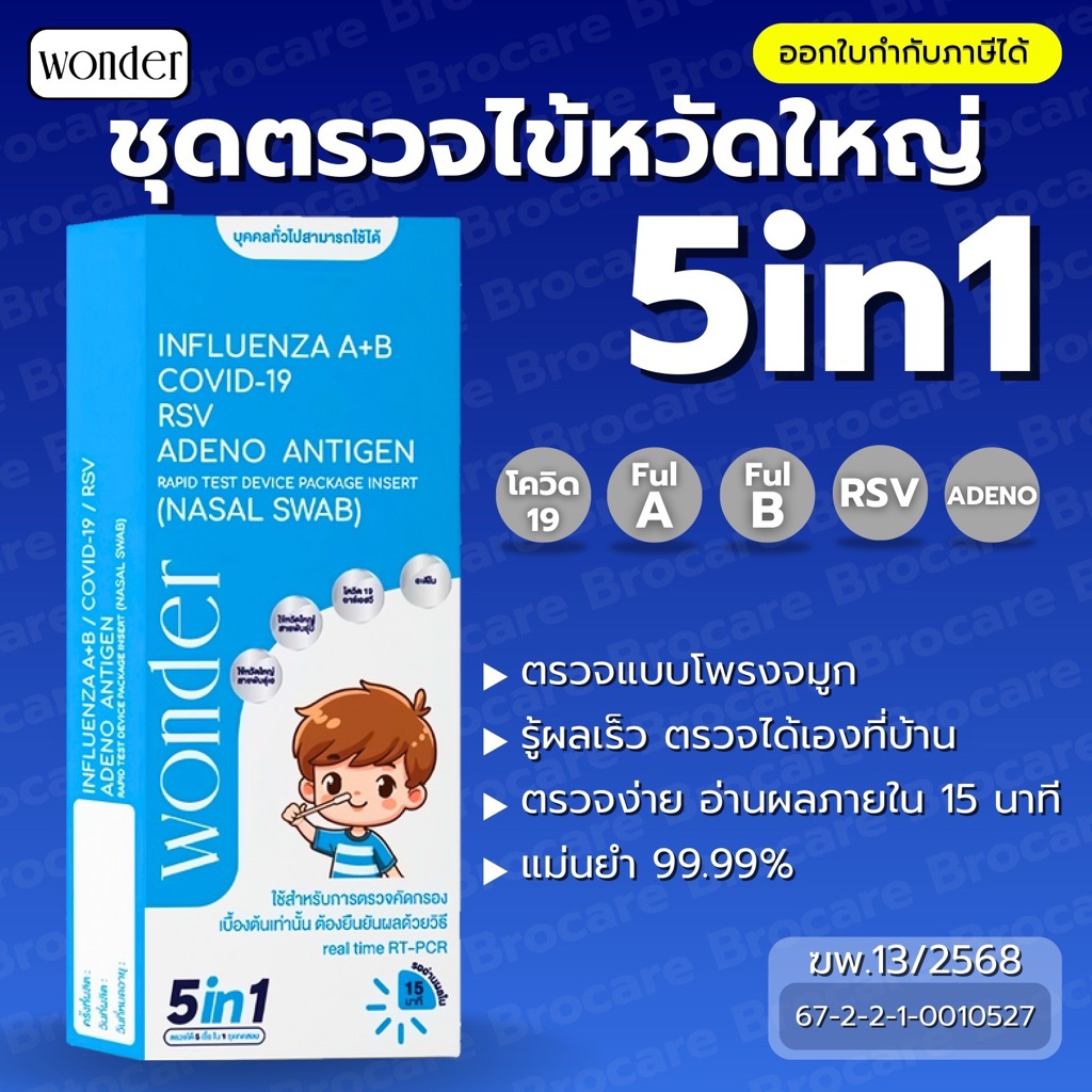 wonderวันเดอร์ ATK 5in1 ชุดตรวจ COVID-19/ ไข้หวัดใหญ่ A+B/ RSV/ Adeno
