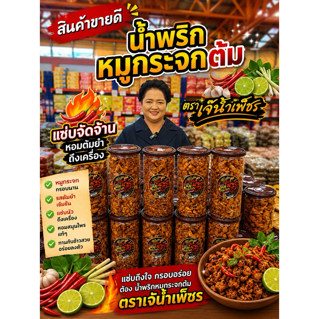 น้ำพริกหมูกระจกต้มยำตราเจ๊น้ำเพ็ชรขนาด200กรัม