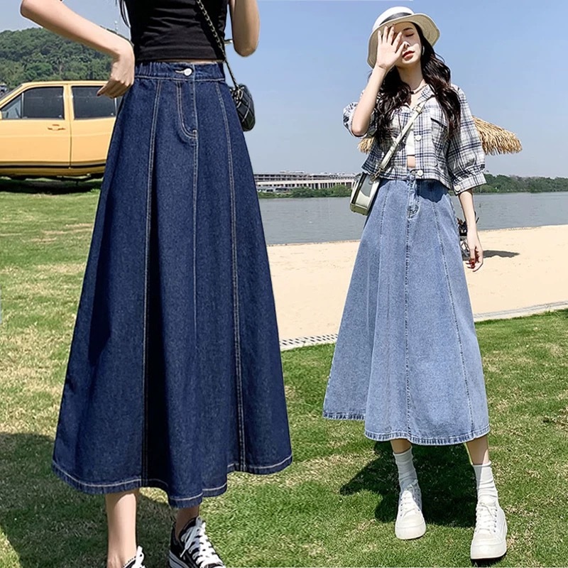 S~5XL A-line skirt Blue Navy Blue A-line maxi skirt กระโปรงทรงเอเอวสูง เอวยางยืด กระโปรงทรงเอ ทรงหลวม เข้ารูป พลิ้วไหว
