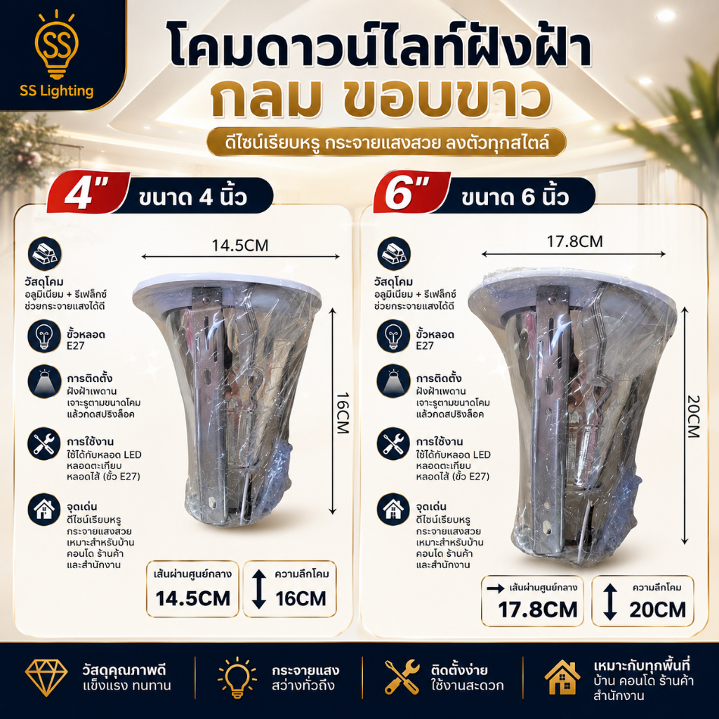 SS Lighting โคมไฟดาวไลท์แบบฝังฝ้า ขนาด 4" 6" กลม ขอบขาว รูปที่ 2