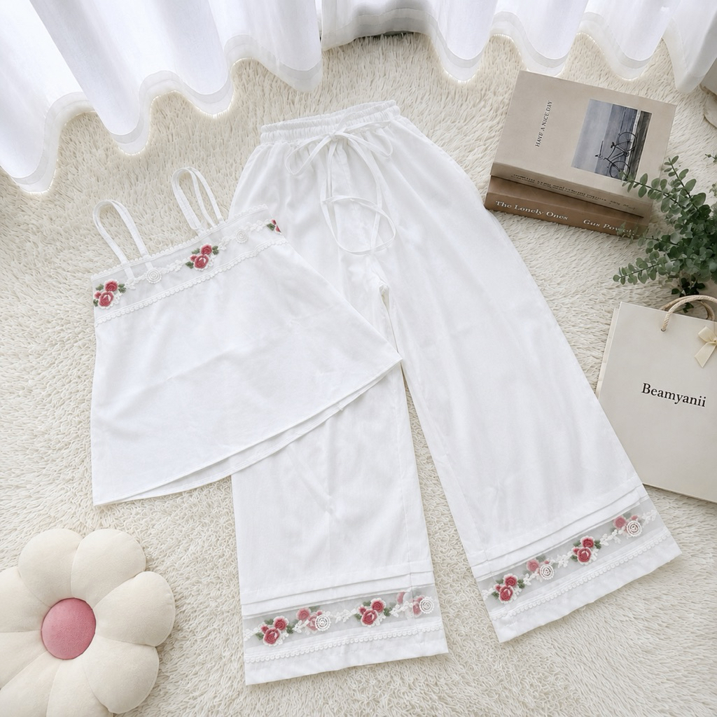 set เสื้อสายเดี่ยวกางเกงขายาวปักลูกไม้ ( Momay ขายาว )