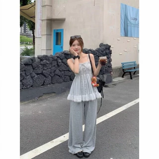 (อก28-42) เสื้อสายเดี่ยวสม็อคตัวยาวลายริ้ว detail แต่งลูกไม้ แต่งทูโทน เสื้อสายเดี่ยวสาวอวบใส่ได้อกถึง 42 นิ้ว