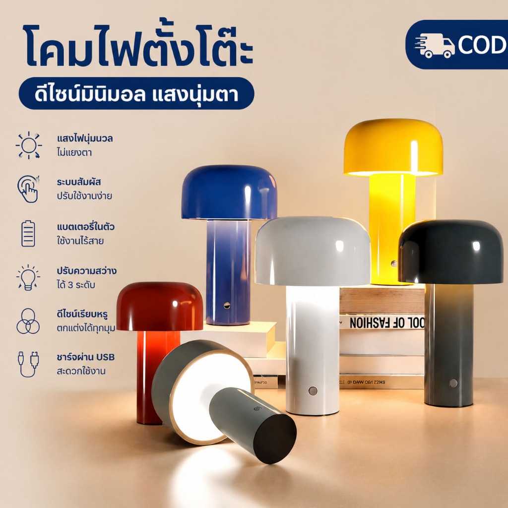 โคมไฟกลางคืนรูปเห็ด ไร้สายสะดวกมาก วางตรงไหนก็ได้ ชาร์จไฟเข้า แบตเตอรี่อึด ใช้เป็นไฟอ่านหนังสือหรือไฟประดับโต๊ะทำงานก็ดี
