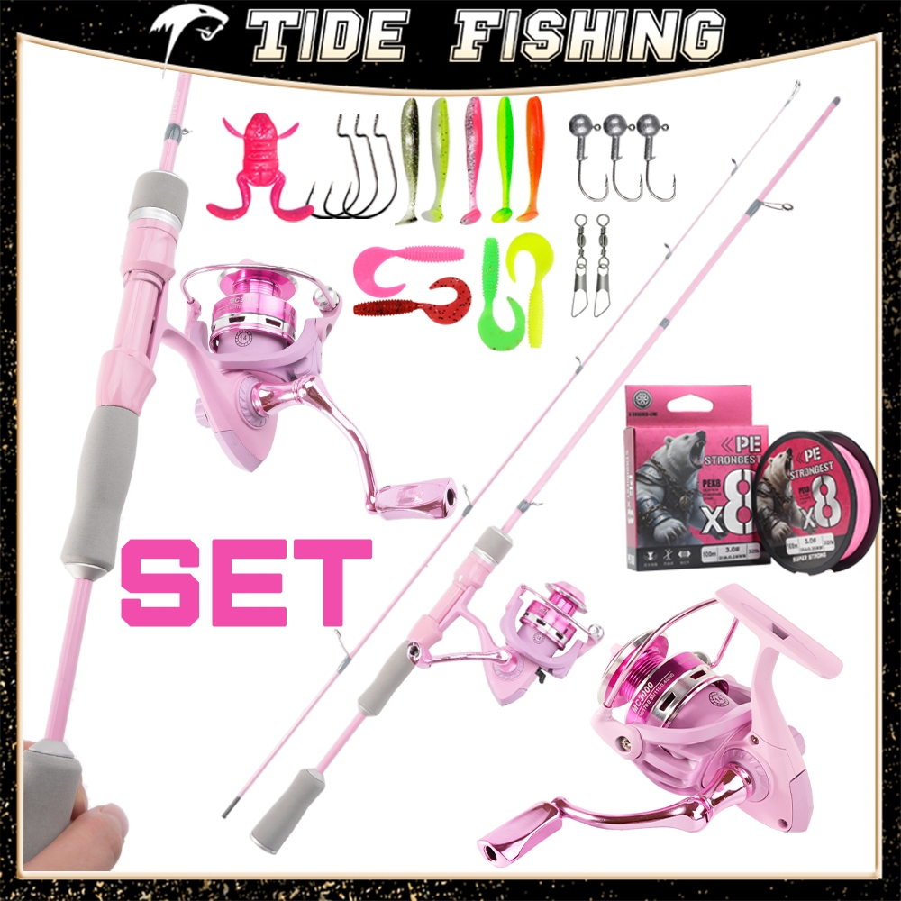 Tidewhisper เซ็ตเบ็ดตกปลาสีชมพู ครบชุด คันเบ็ด UL 2-8lb พร้อมรอกสปินนิ่ง สาย PE และเหยื่อปลอม ครบพร้อมใช้งาน ตกปลาช่อน