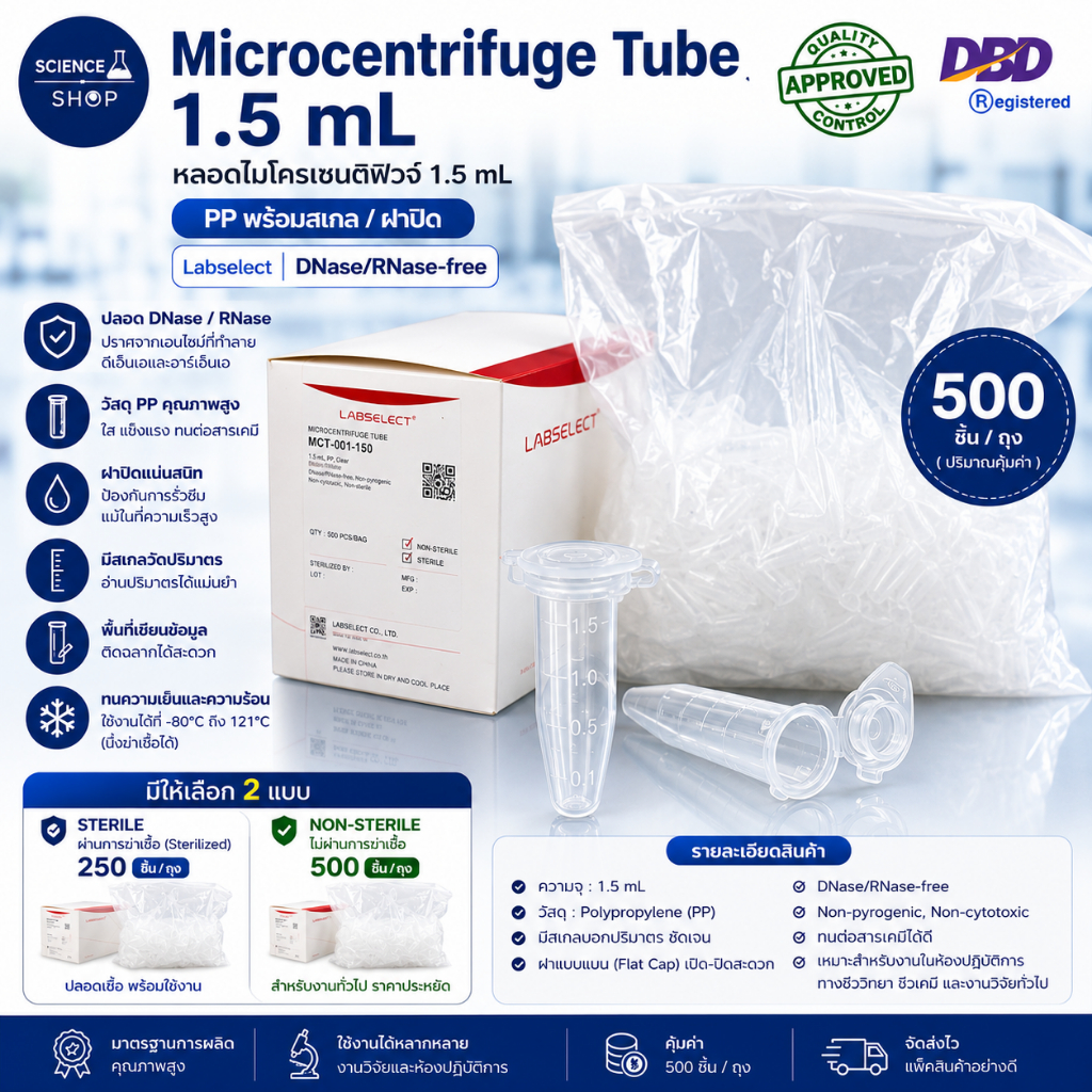 Microcentrifuge Tube 1.5 mL ใส PP มีสเกล/ฝาปิด DNase/RNase‑free, (Sterile และ Non-Sterile)
