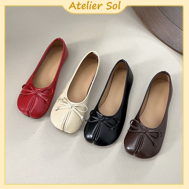 Atelier Sol Tabi shoes แต่งโบว์ ทรงบัลเล่ต์ แยกนิ้วเท้า หัวกลม พื้นแบน หนังPU วินเทจ ใส่สบาย