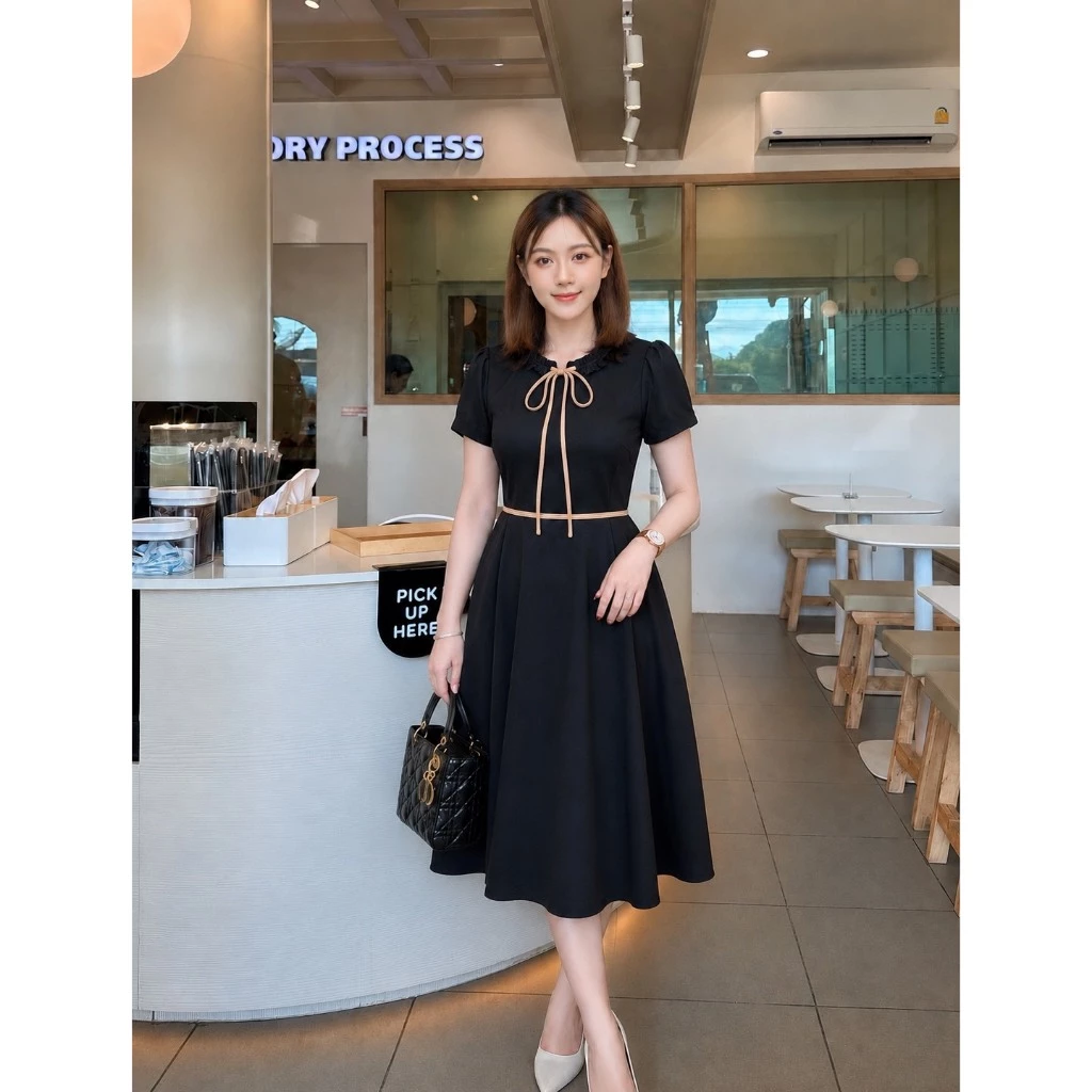 LR27_เดรสสีดำแต่งผูกโบว์หน้า DRESS สุภาพ เรียบร้อย เรียบหรู ดูดี ใส่ทำงาน ใส่เที่ยวได้