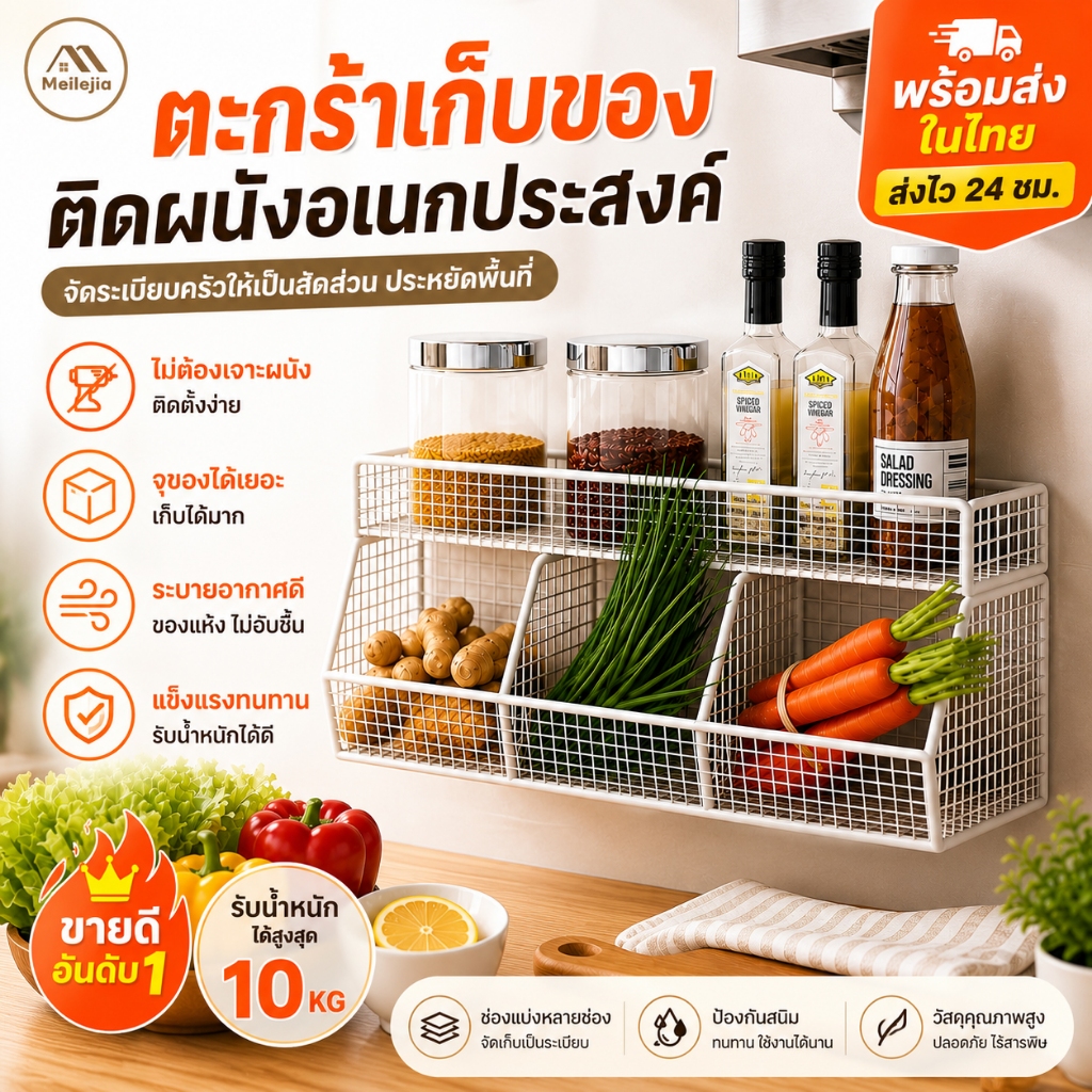 ชั้นวางของในครัว ชั้นวางเก็บเครื่องเทศ ชั้นวางเครื่องปรุงรส หัวหอม ขิง กระเทียม แบบติดผนัง