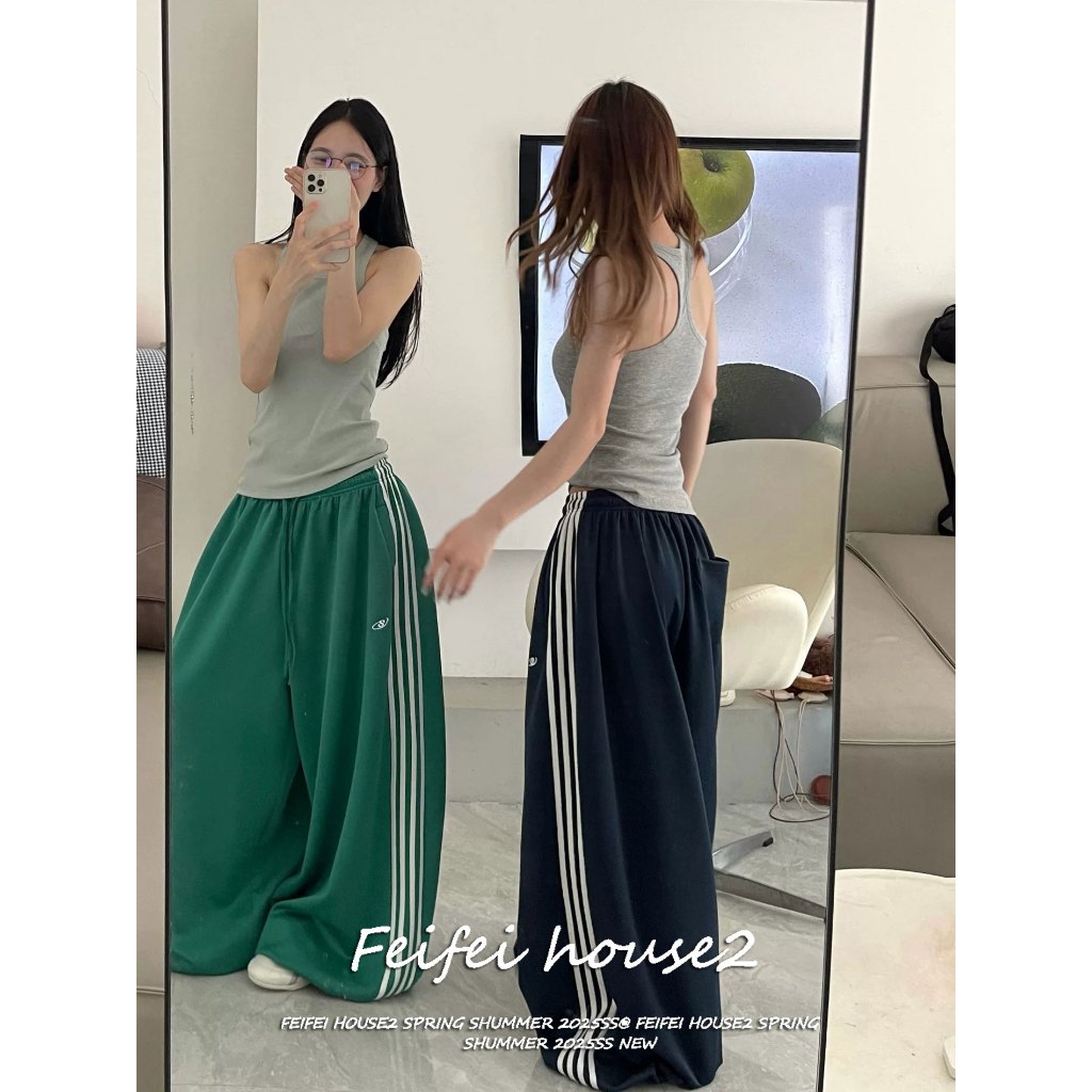 [Feifei-Long pants with side stripes]กางเกงขายาวกว้างหลวมรอยย่นลายทางข้างสีตัดกันสไตล์อเมริกันลำลอง