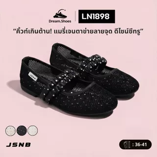 JSNB รองเท้าแมรี่เจนผู้หญิง ผ้าตาข่ายซีทรู ลายจุด รองเท้าผู้หญิง สายยืดพัฟฟี่นุ่ม [LN908]