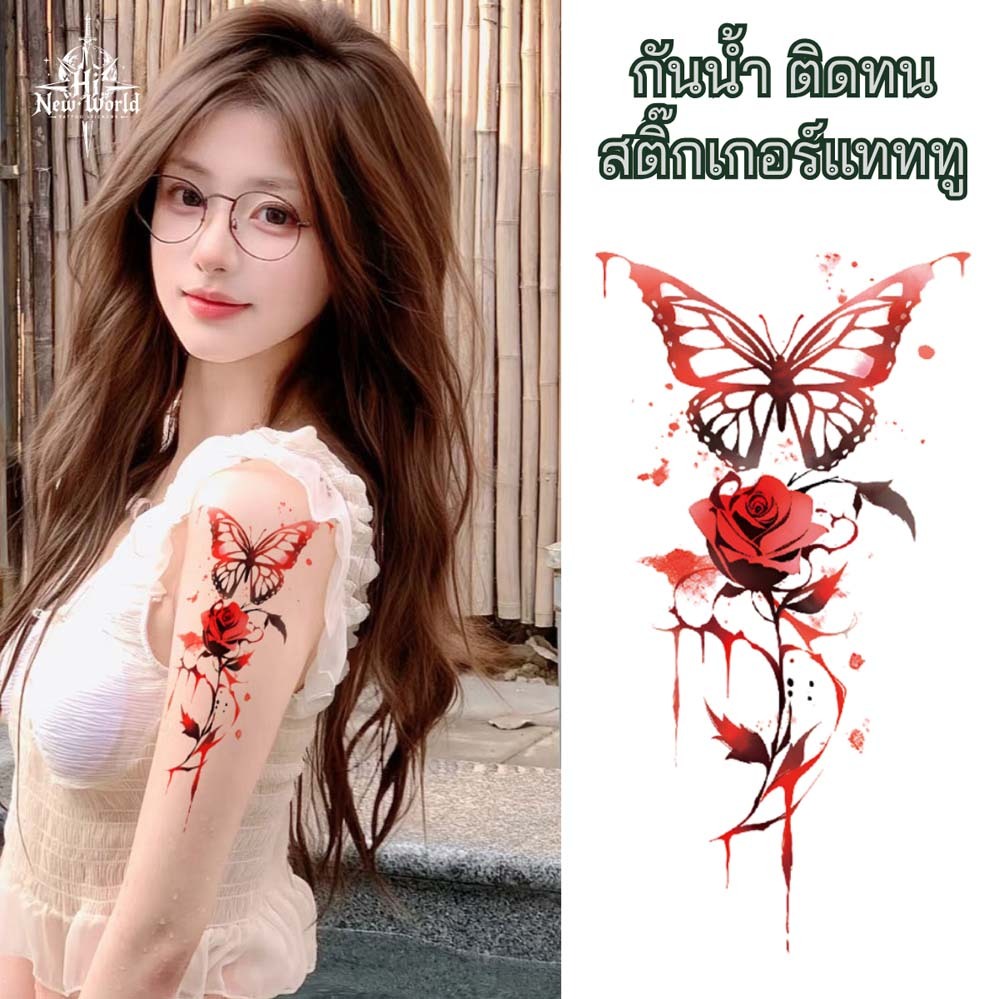 New world tattoo สติกเกอร์รอยสักชั่วคราว ผีเสื้อ ดอกกุหลาบ สีแดง กันน้ํา สําหรับผู้ชายและผู้หญิง สักแขน แทดทู