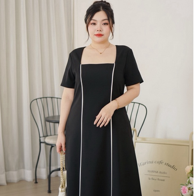 เดรสสีดำ/เบจ Plussize กุ้นขาวมีกระเป๋าข้างสวยสง่า