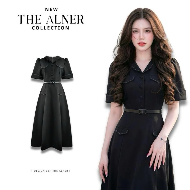 Theaner- JJ40 (เดรสคอปกแขนเจ้าหญิงแต่งกระเป๋าหน้า)