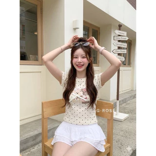 G-Rose 🌹new เสื้อคอกลมแขนสั้นสกีนลายน้องหมาดีเทลแขนเว้านิดๆผ้ายืดลายจุดPolkadot