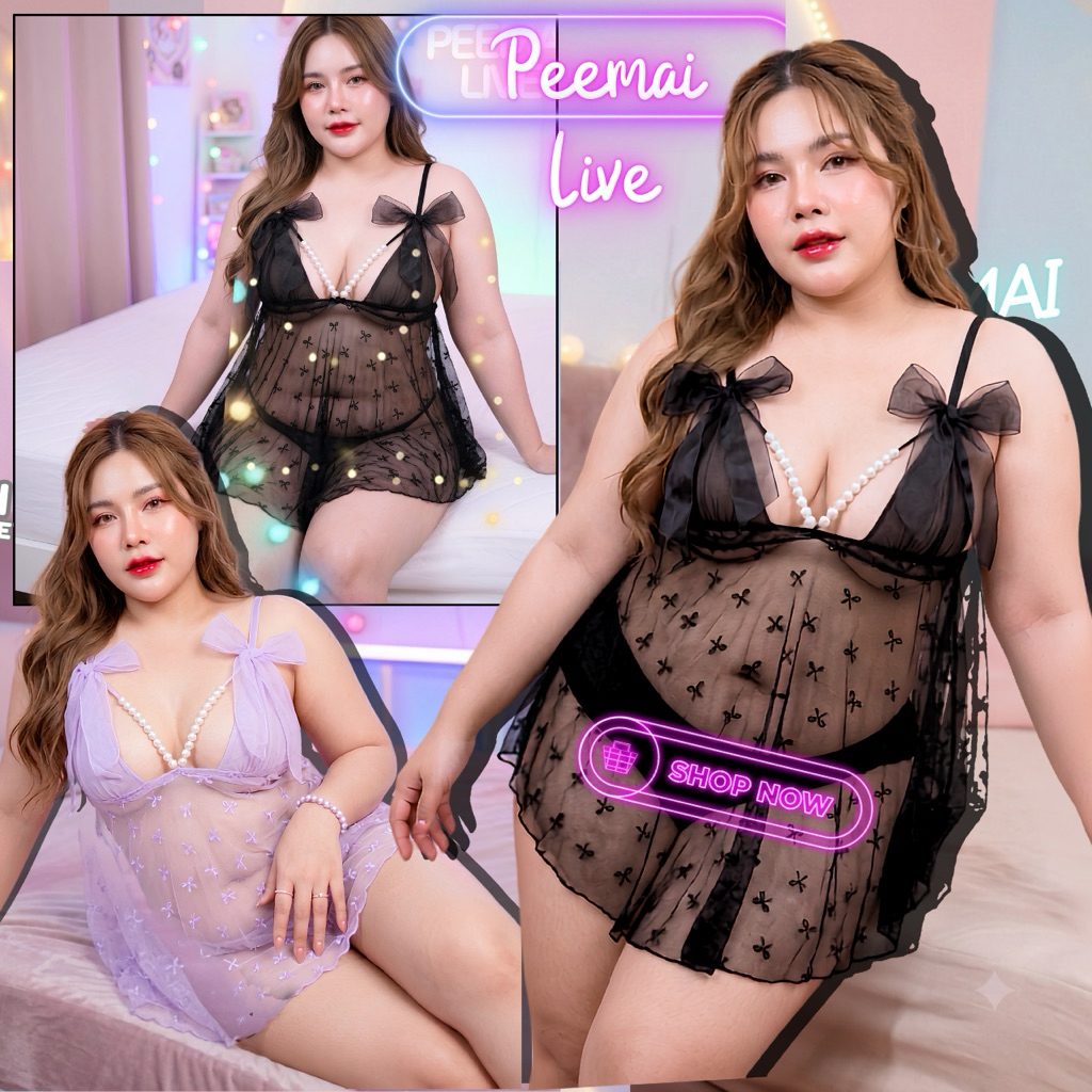PEEMAI LIVE ชุดนอนซีทรูไข่มุกโบว์หวาน (SET 3 ชิ้น) XL-5XL (40-100กก.) P-084