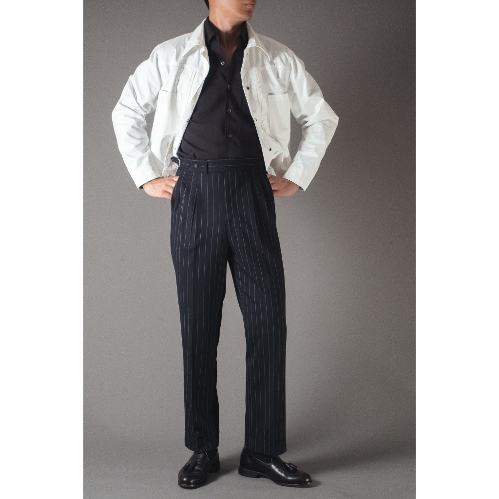 [T9SP-DARKG] กางเกงขายาวเอวสูง ลาย Pinstripe Classic High Waist Trousers "DARK GRAY"