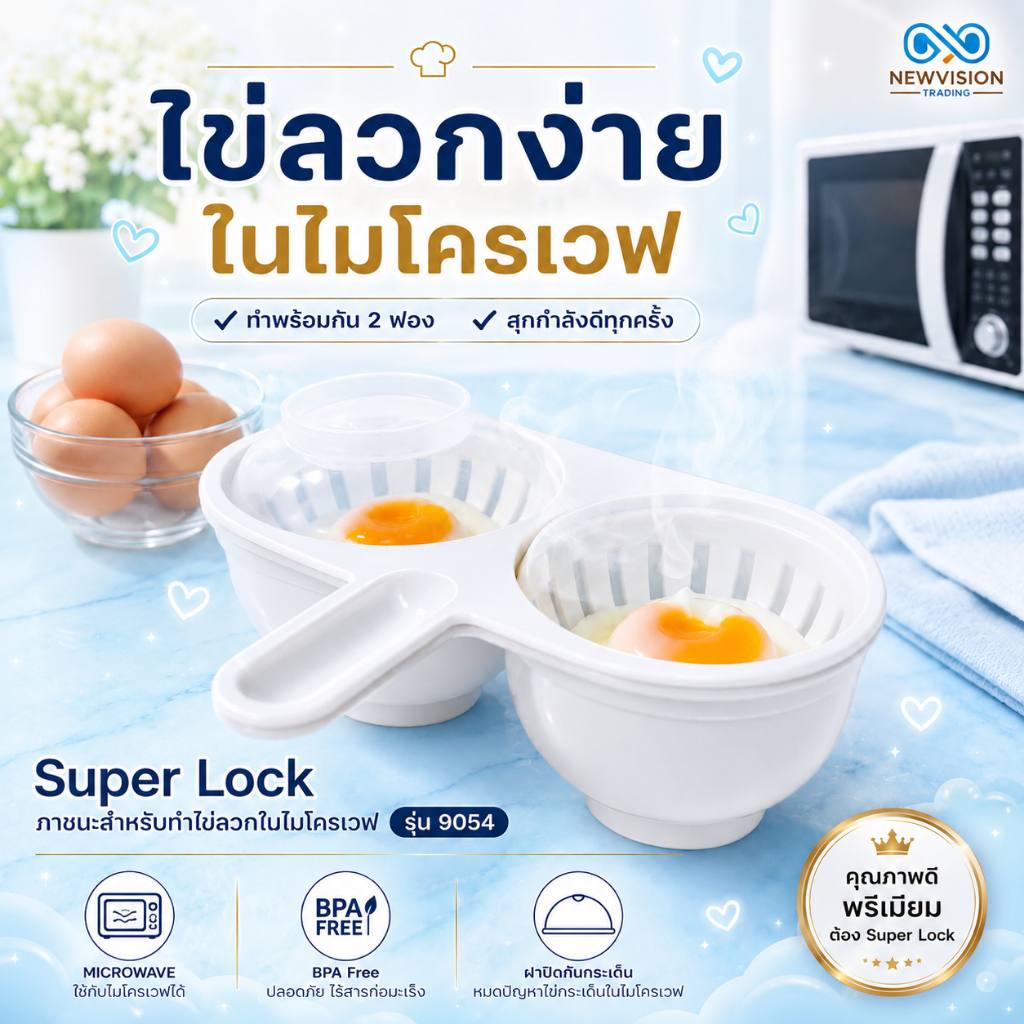 Super Lock ภาชนะสำหรับทำไข่ลวกในไมโครเวฟ รุ่น 9054 สามารถทำไข่ลวกได้พร้อมกัน 2 ฟอง สะดวก รวดเร็ว ที่ลวกไข่