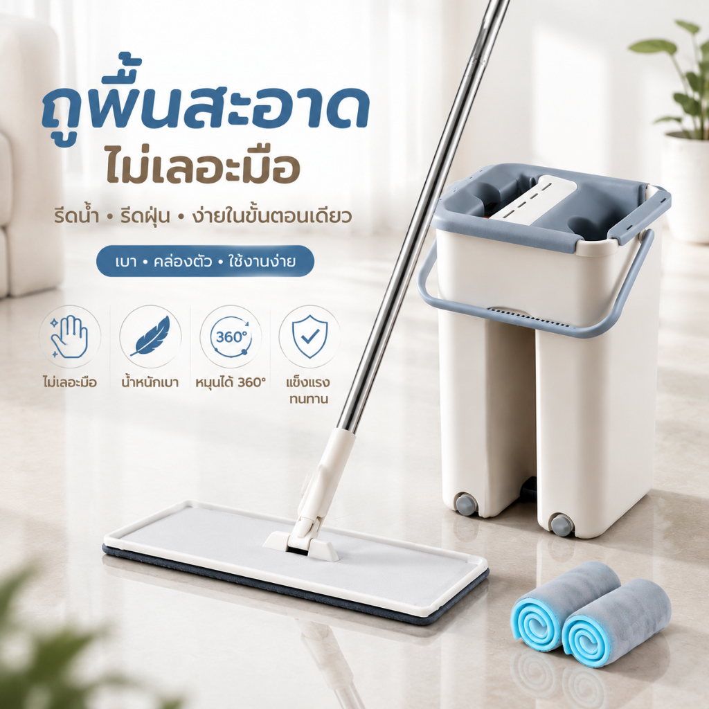 🚚พร้อมส่งจากในไทย รุ่นใหม่ ชุดไม้ถูพื้น Flat Mop ม็อบถูพื้น รีดน้ำ รีดฝุ่น ไม่เลอะมือ น้ำหนักเบา สะดวกเคลื่อนย้าย ทนทาน
