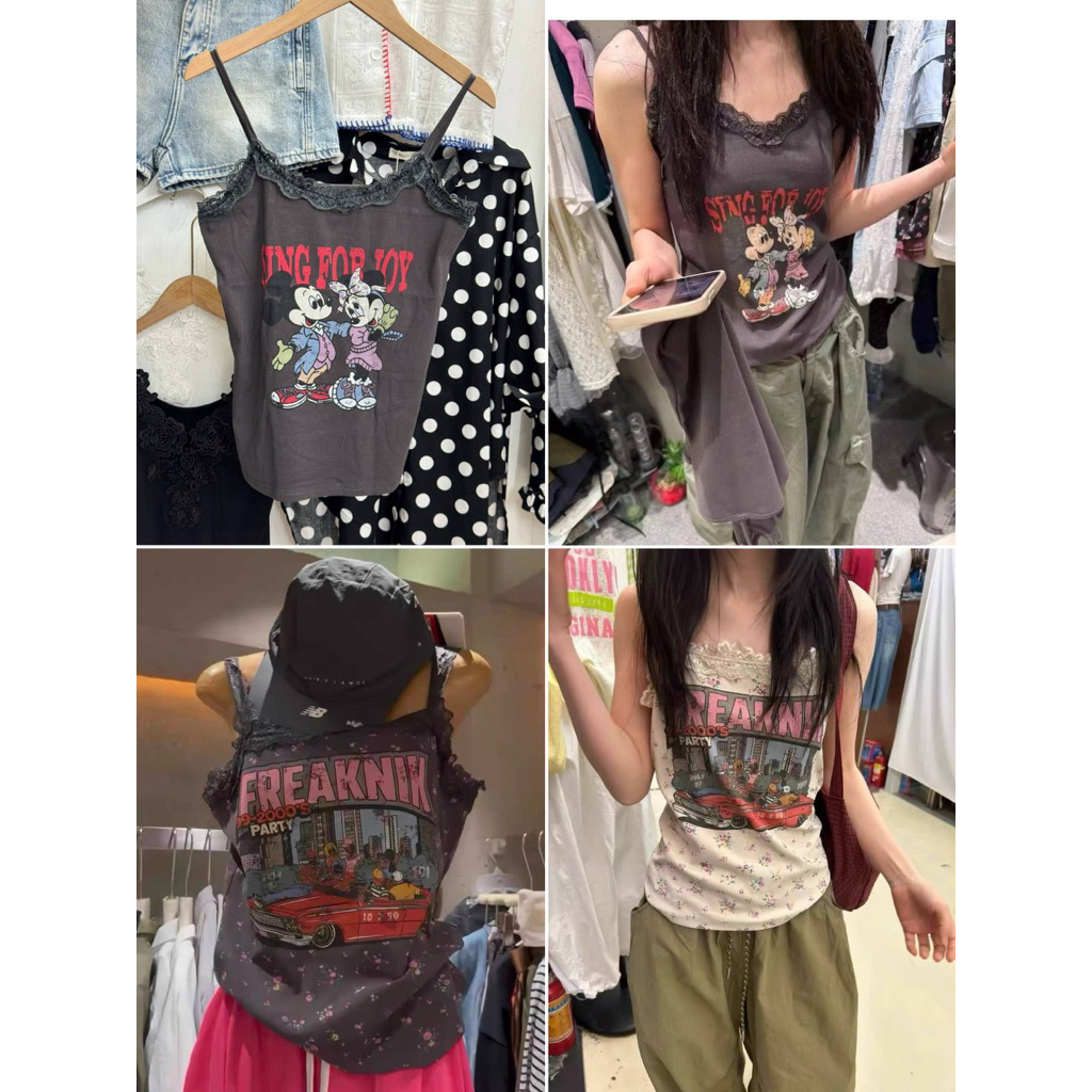 งานนำเข้า🏷️NEW เสื้อสายเดี่ยวลูกไม้วินเทจ Graphic Tank ✨ลุคเท่ปนหวานที่กำลังมาแรง! เสื้อสายเดี่ยวดีไซน์แต่งลูกไม้ช่วงคอ