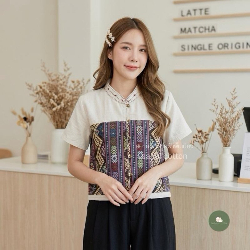 เสื้อผ้าฝ้าย คอจีน ผู้หญิง งานแต่งเทปผ้าทอ รูปที่ 3