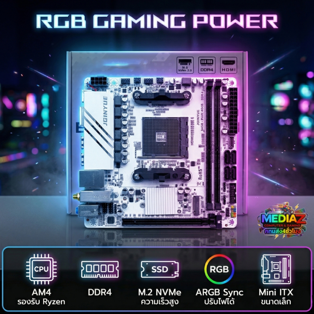 ส่งทันที สินค้าใหม่ iTX AM4 B450i-PLUS ARGB White DDR4 AMD Mini Mainboard Ryzen MediaZShop JGINYUE