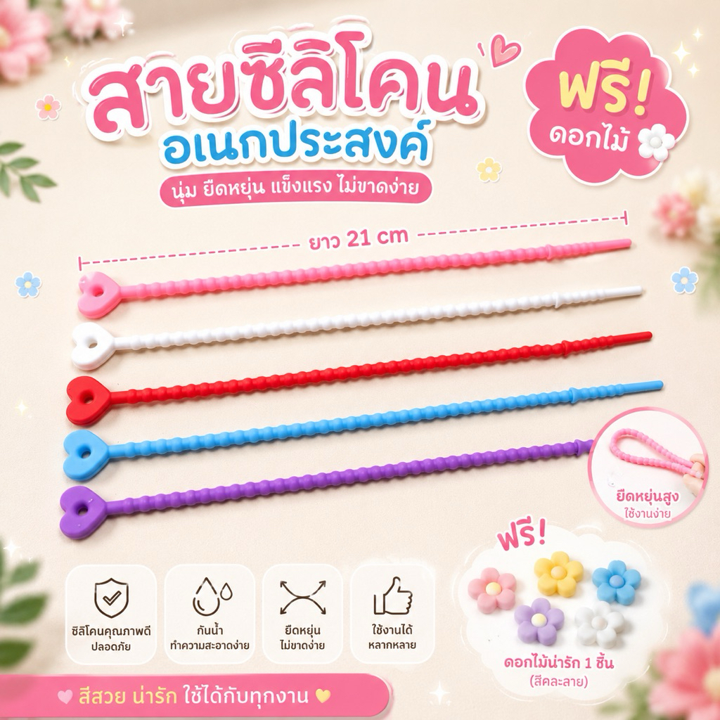 สายรัดซีลีโคน มีหลายลายให้เลือก ยาว 21 cm แถมฟรีดอกไม้ 🌼