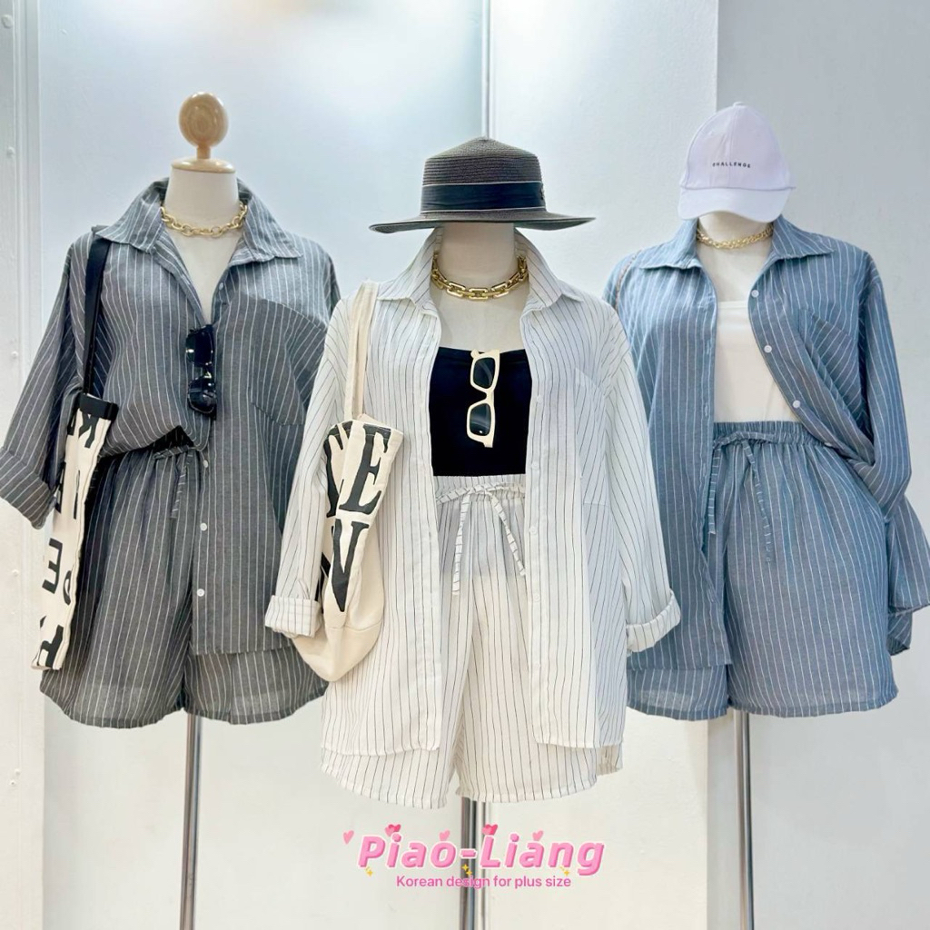 (ส่งด่วน) Rovena Set งานเซต 2 ชิ้น บิ๊กไซส์ เนื้อผ้าลินินลายทาง เนื้อผ้าใส่สบาย อก 40-52“(PL)