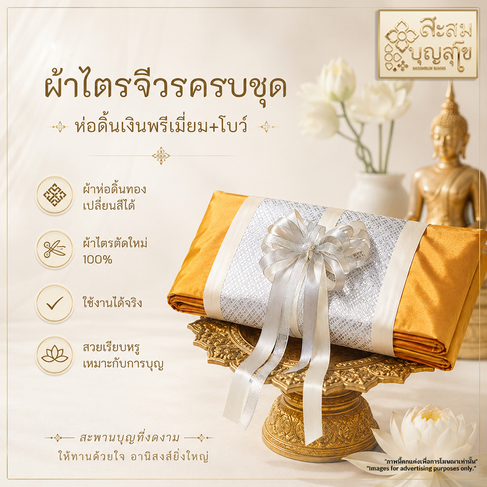 ผ้าไตรจีวรครบชุด เกรดพรีเมี่ยม (ห่อผ้าดิ้นเงิน+โบว์ โทเร/มัสลิน) ตัดใหม่100% เปลี่ยนสีได้✅ ถวายพระสงฆ์ -ร้านสะสมบุญ สุโข