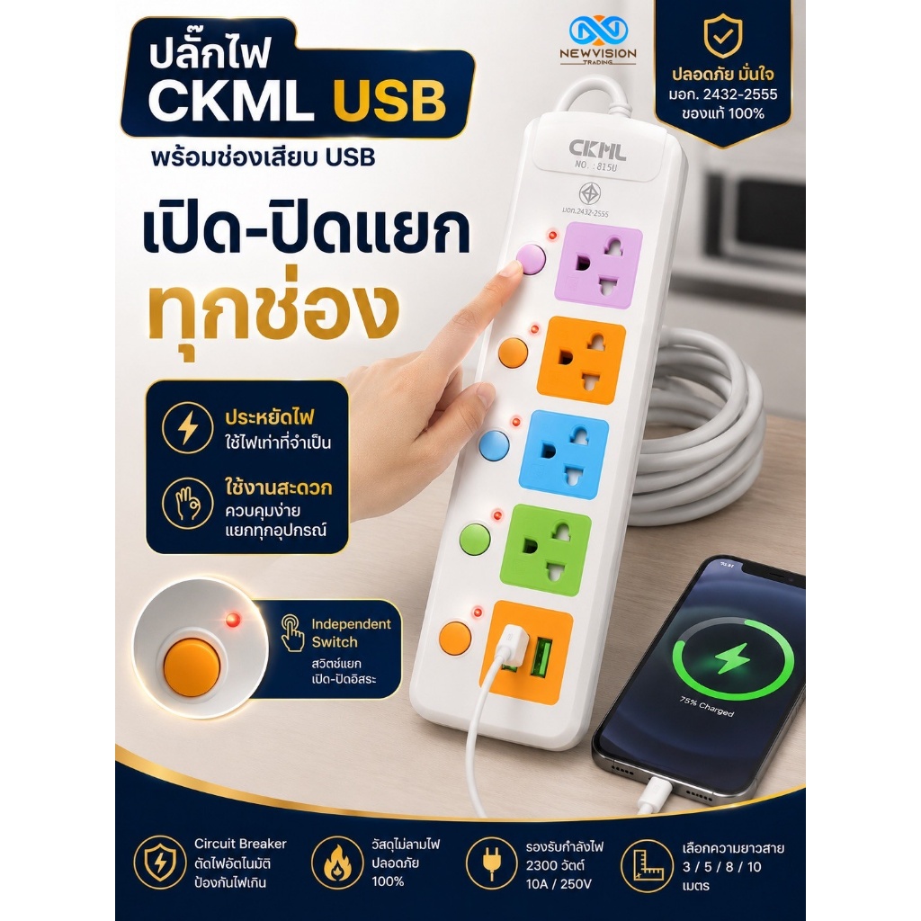 ส่งด่วน!! ปลั๊กไฟ 2300W ได้มาตรฐาน มอก. แท้ รางปลั๊กไฟ 5ช่อง 4ช่อง 3ช่อง 2USB 1Type-C ความยาว 3/5/8/10เมตร มีให้เลือก