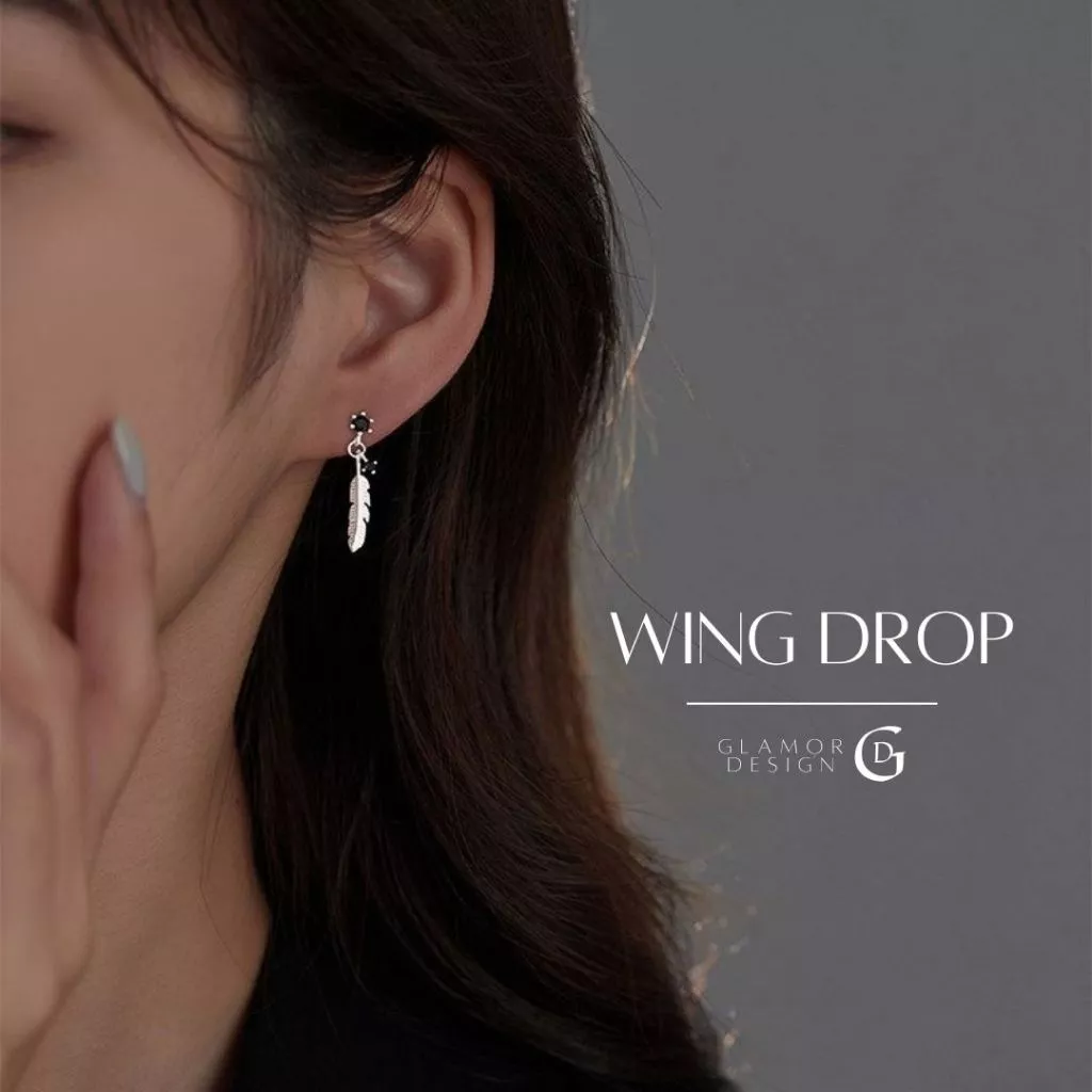 GLAMOR✨ต่างหูเงินแท้ Wing Drop ต่างหูขนนกประดับเพชรสีดำ เงินแท้925 ต่างหูผู้หญิง เอกลักษณ์