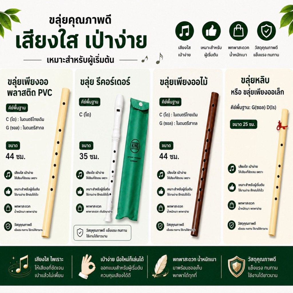 ขลุ่ยเพียงออ ลายไม้  ขลุ่ย พลาสติก PVC ขลุ่ยเพียงออเล็ก ขลุ่ยหลิบ และ ขลุ่ยรีคอร์เดอร์