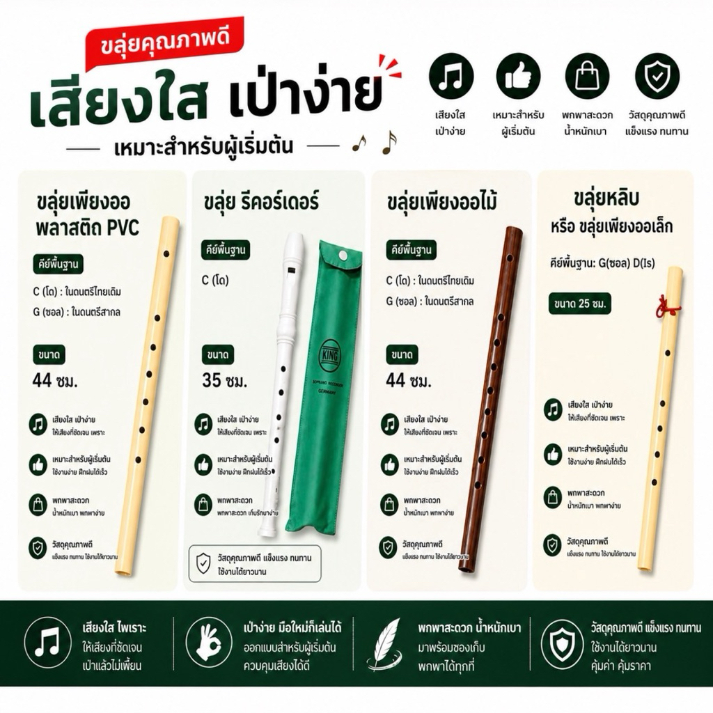 ขลุ่ยเพียงออ ลายไม้  ขลุ่ย พลาสติก PVC ขลุ่ยเพียงออเล็ก ขลุ่ยหลิบ และ ขลุ่ยรีคอร์เดอร์