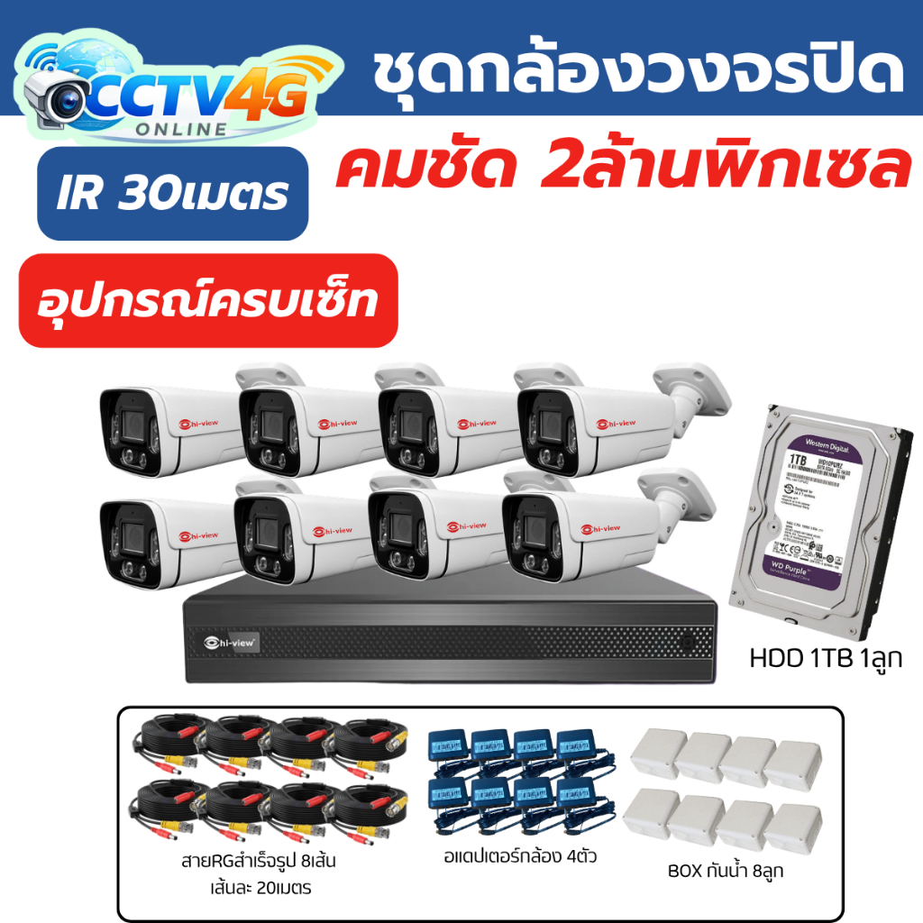 Hiview ชุดกล้องวงจรปิด 2MP HA-98508-V3 / HA-624B20 พร้อมอุปกรณ์ติดตั้งครบชุด รวมHDD 1TB
