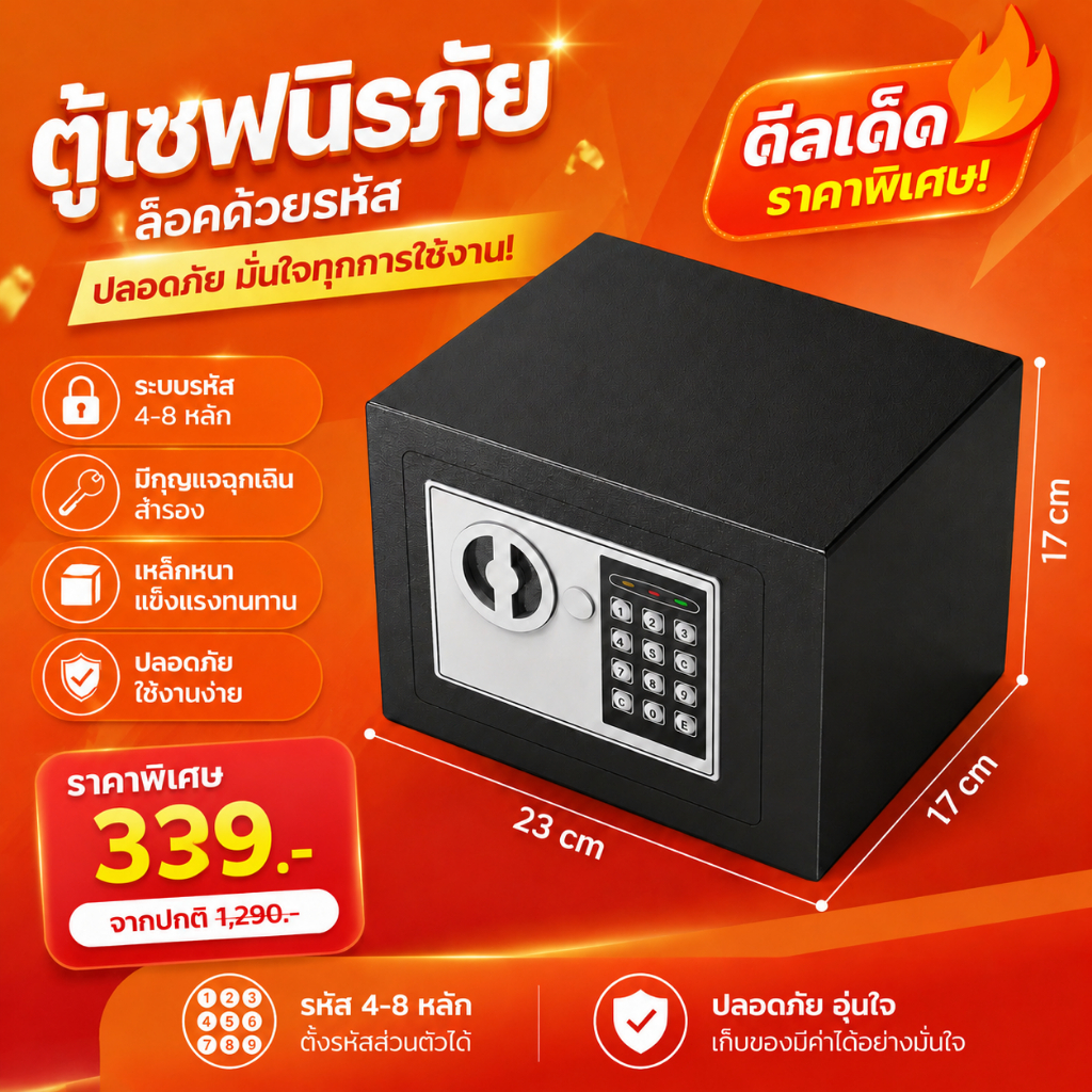 ตู้เซฟ ตู้เซฟนิรภัย ดิจิตอล ใส่รหัสได้ พร้อมกุญแจฉุกเฉิน ขนาด 50x35x30 ซม.