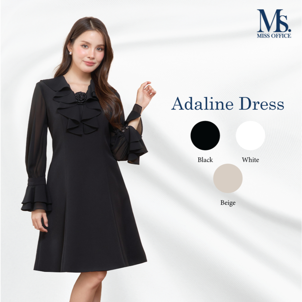 Friday Attire เดรสคอวีแขนยาวแต่งระบายแขน (Adaline Dress) (FD-021)