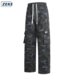 ZEKE B0052 กางเกงคาร์โก้ลายพรางสำหรับผู้ชาย lalaki กางเกงคาร์โก้ทำงานแบบแทคติคัลหกกระเป๋า กางเกงขายาวเรียบๆ