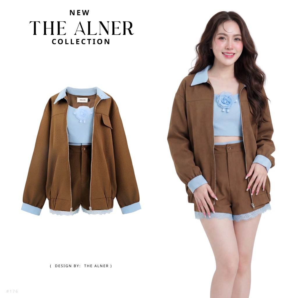 Blue Bloom Espresso เซตเสื้อ3ชิ้น+เสื้อน้ำตาลแขนยาวกางเกงขาสั้น Thealner(ดิอัลเนอร์) AN176