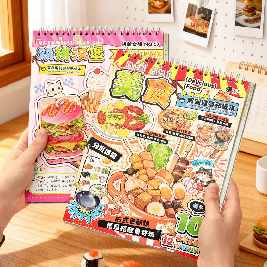 สมุดสติกเกอร์จัดฉาก 3D ธีมอาหารสุดน่ารัก ฉากจิ๋วขนาดใหญ่ DIY สำหรับแต่งสมุดและคอลลาจ